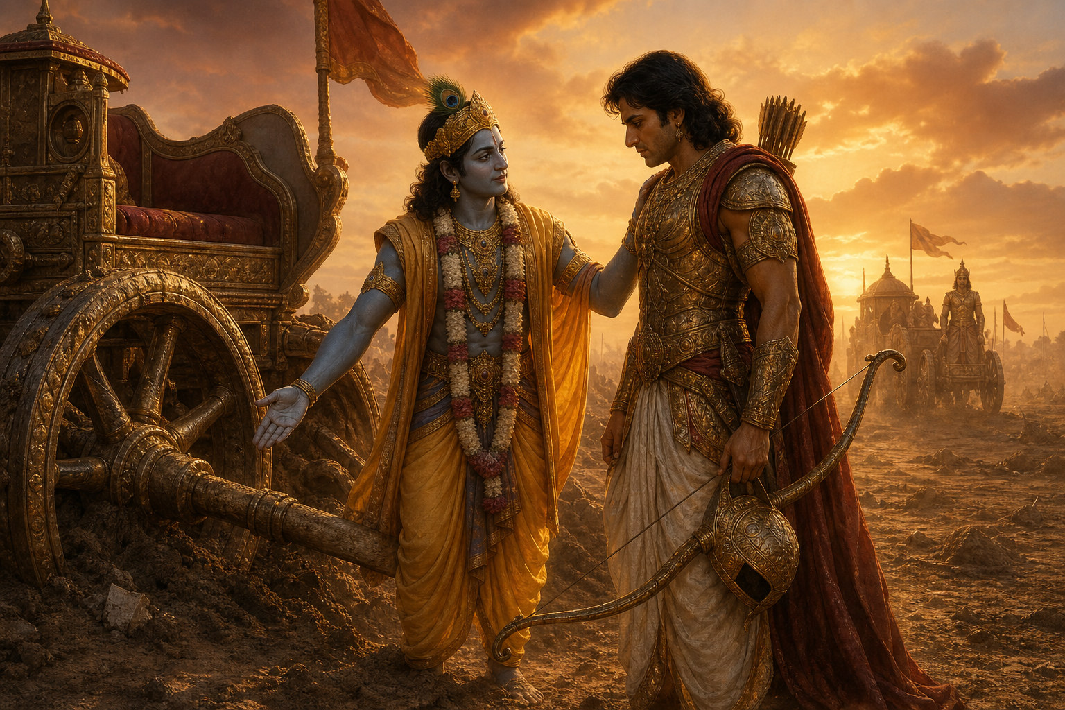 Krishna calmly explains something beside a battle-worn chariot as an unhelmeted Arjuna listens and Karna appears in the distance.