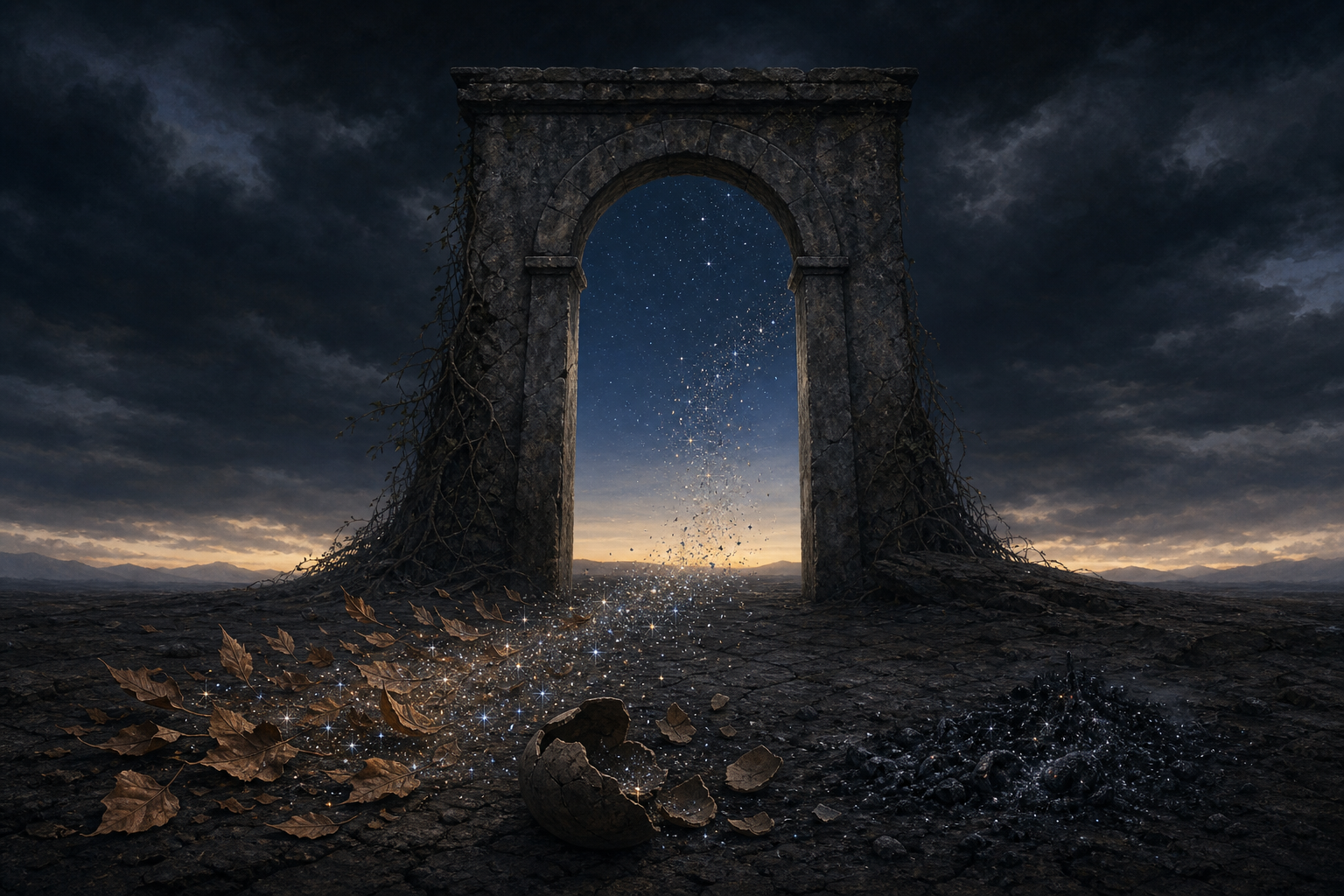 A stone gateway in a dark landscape is surrounded by dry leaves, a cracked clay vessel, and fading embers that turn into points of starlight.