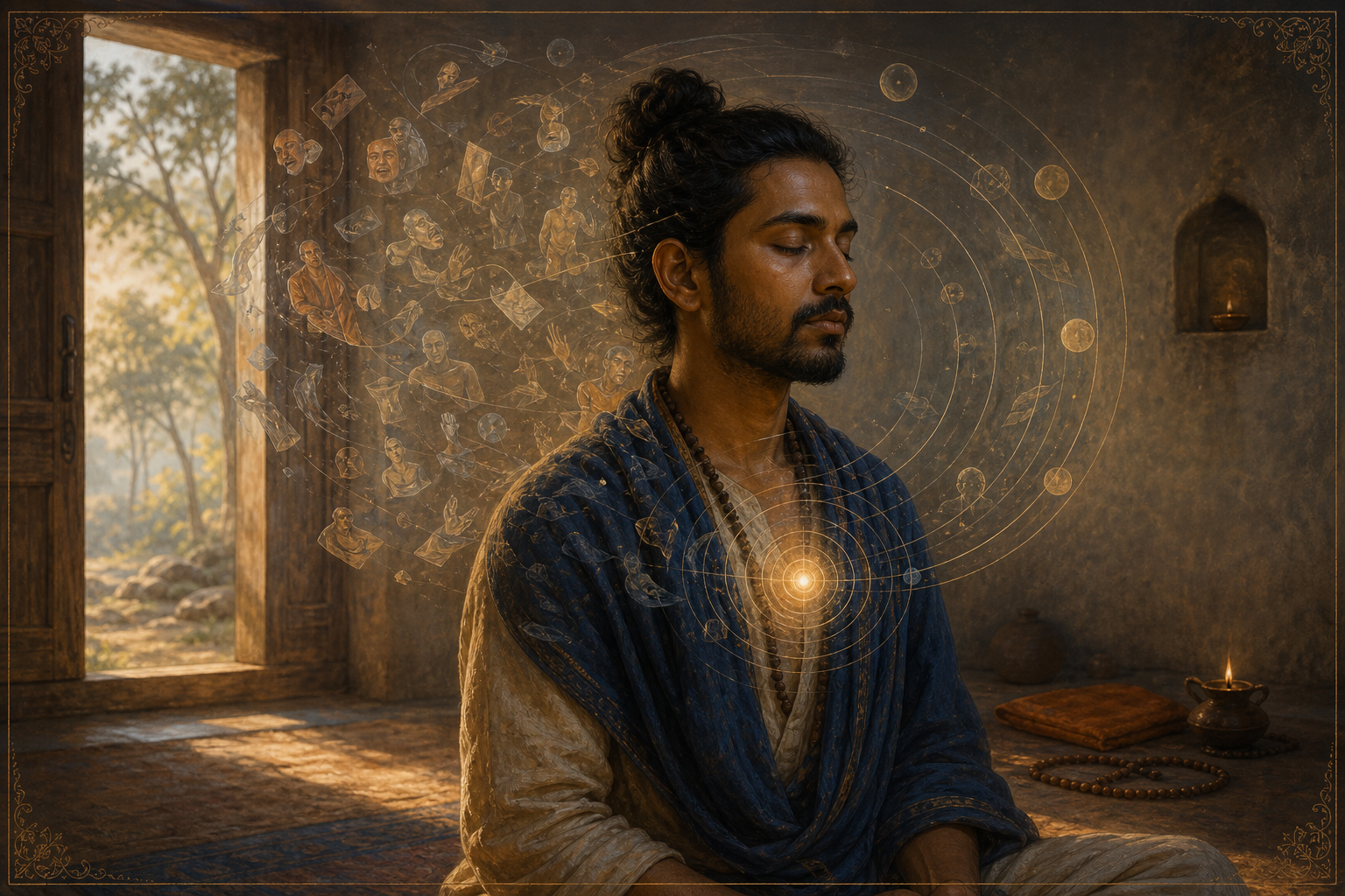 A practitioner meditates in a forest hermitage while scattered translucent shapes settle into an ordered circle around a steady inner light.