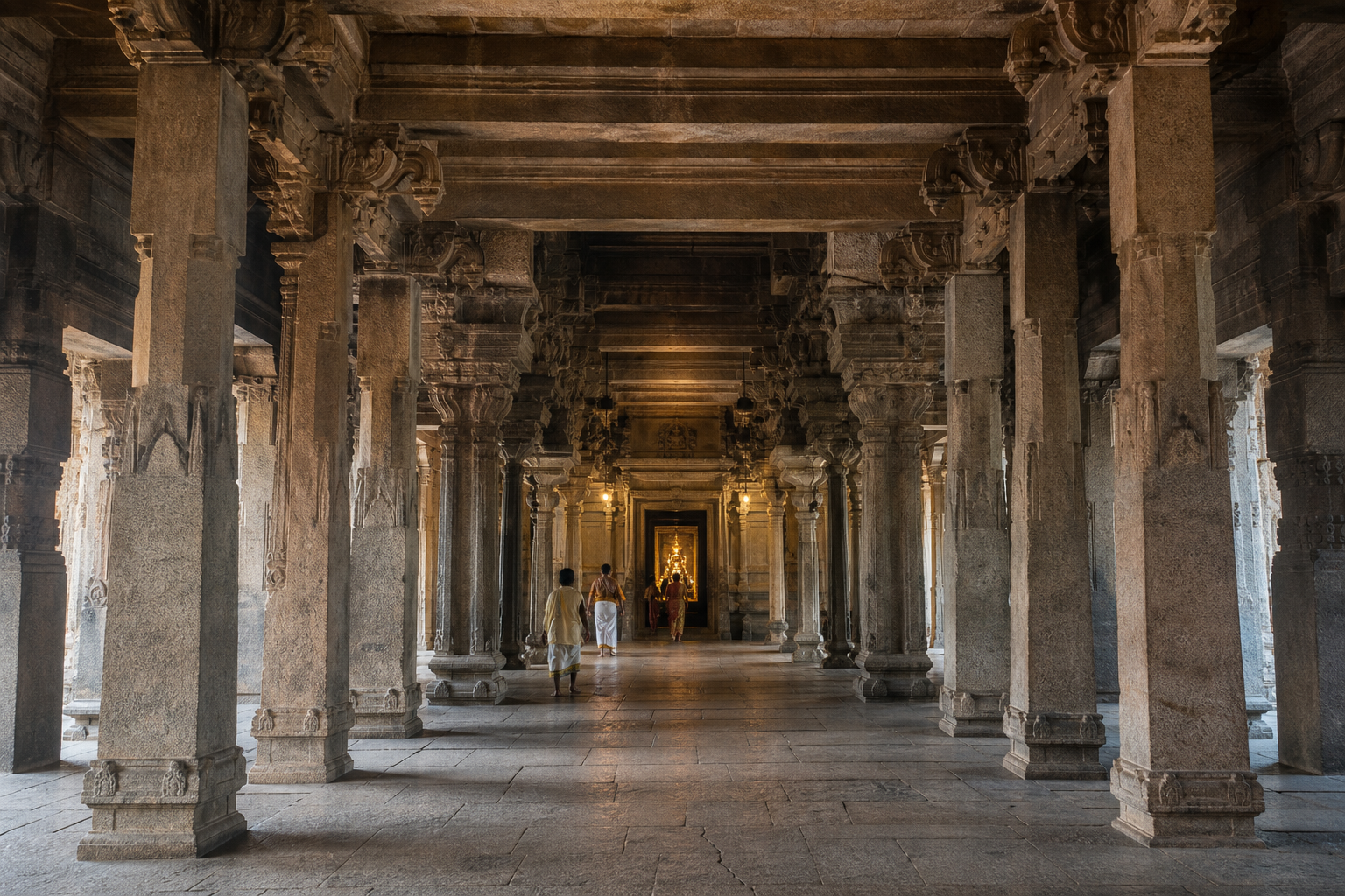 A pillared temple hall narrows through successive interior spaces toward a small illuminated sanctum doorway on the central axis.