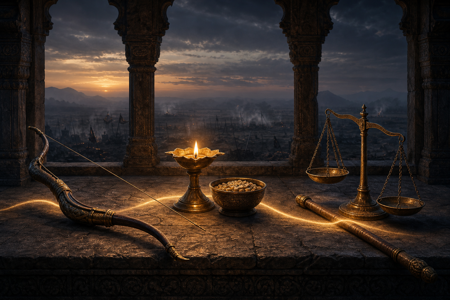A bow, a glowing oil lamp with an offering bowl, and bronze balance scales rest as three separate objects on a stone platform.