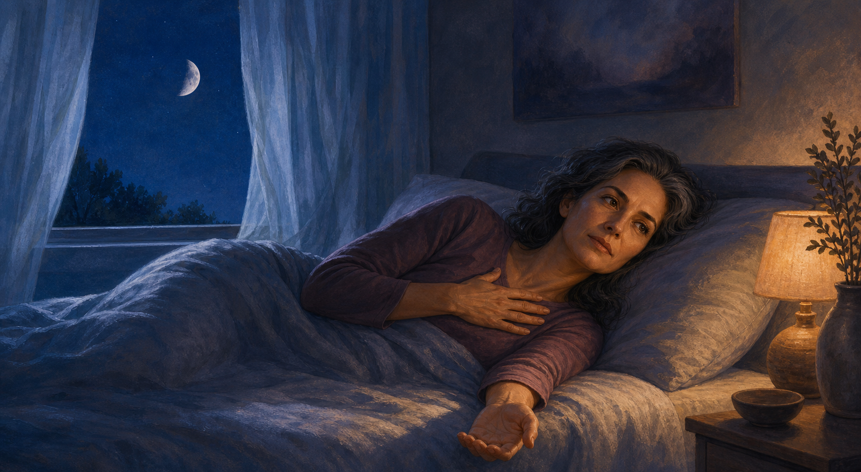 A middle-aged woman lies awake in a moonlit bedroom with one hand over her heart and her other hand open on the blanket.