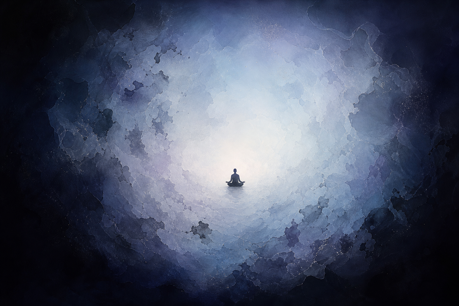 A seated silhouette rests in a dark open space as rings of smoke and fragmented reflections dissolve into a soft, boundless light.