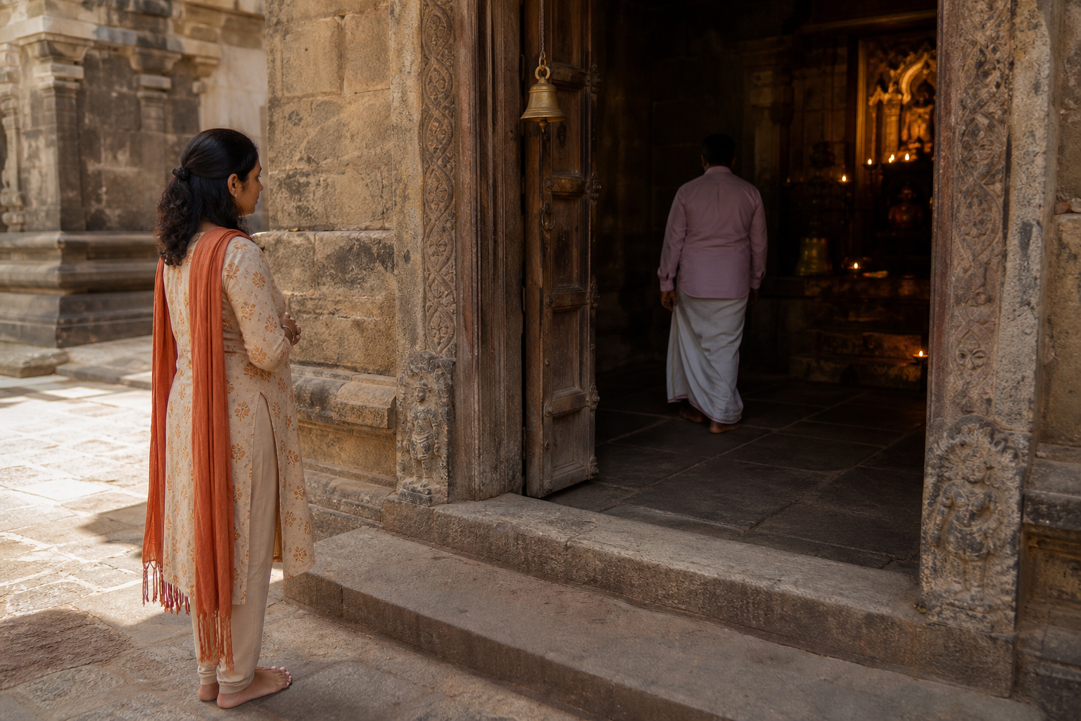 A visitor pauses with joined hands outside a raised stone temple threshold as another devotee enters the dim interior.