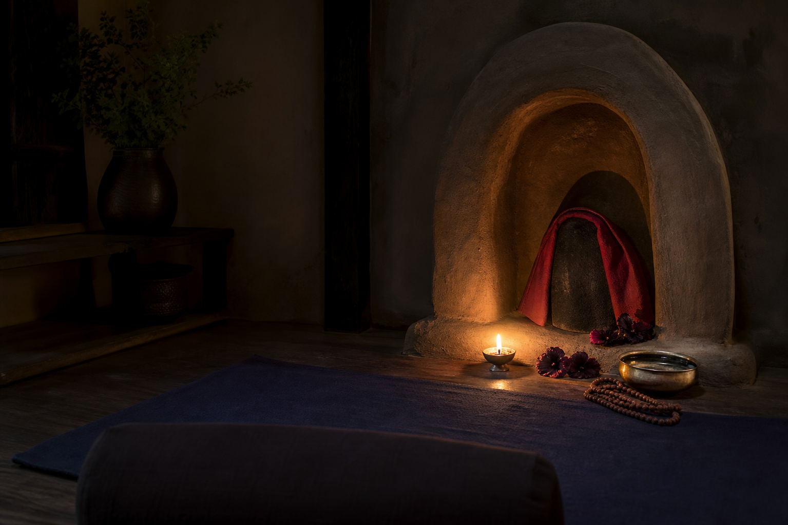 An empty meditation mat faces a small clay shrine with a dark stone form, red cloth, oil lamp, water bowl, hibiscus flowers, and prayer beads.