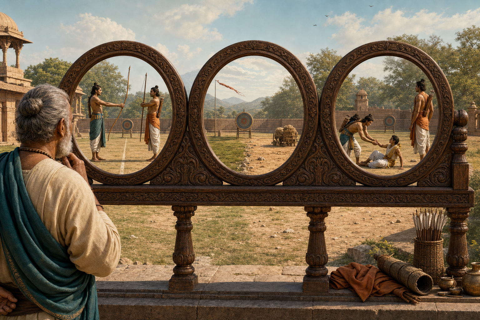 An observer views two archers through three circular frames that reveal their technique, surrounding conditions, and conduct.