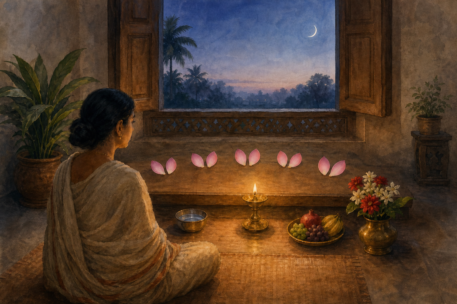 A devotee sits before a simple home altar with an oil lamp, flowers, fruit, ten lotus petals, and a moon visible through the window.