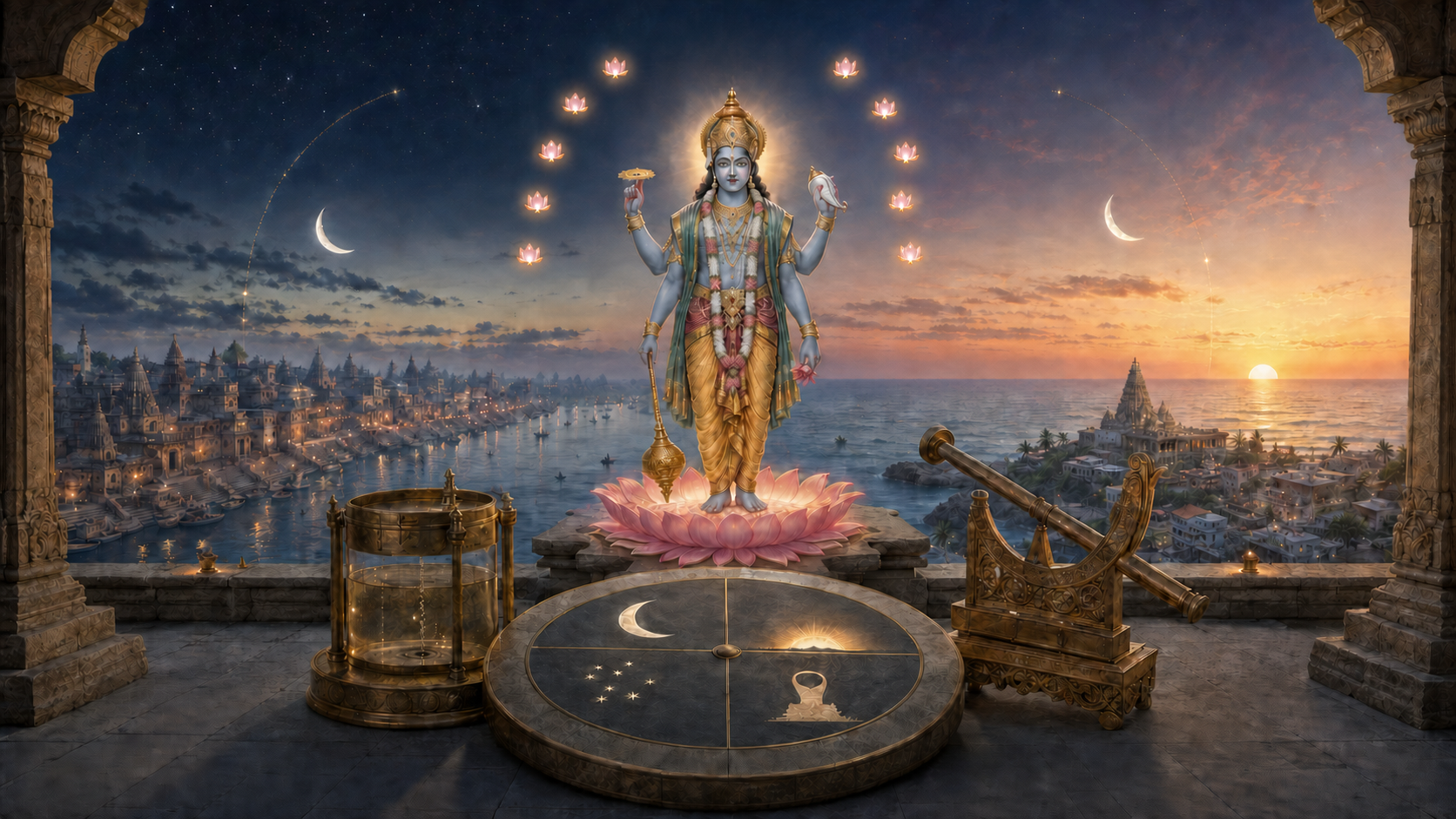 Vishnu stands on a luminous lotus above an unmarked lunar calendar, astronomical instruments, and two temple horizons under the moon and rising sun.