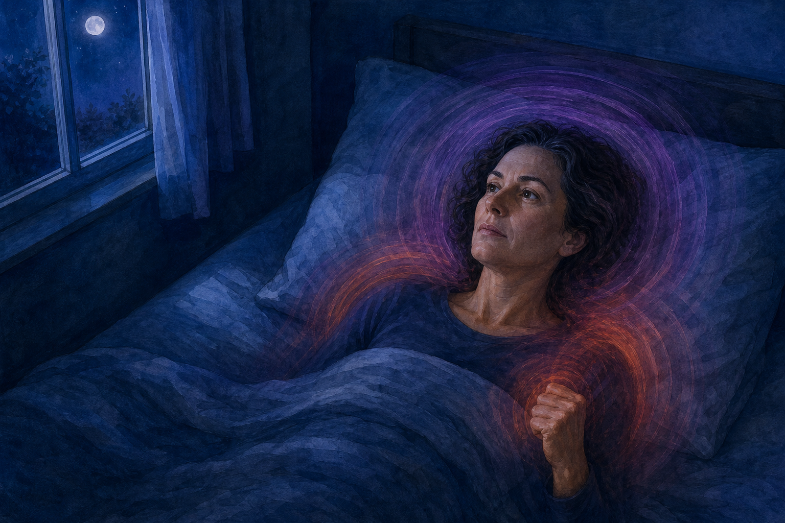 An awake woman lies in a calm blue bedroom while translucent rust-colored rings gather around her head, shoulders, and clenched hand.