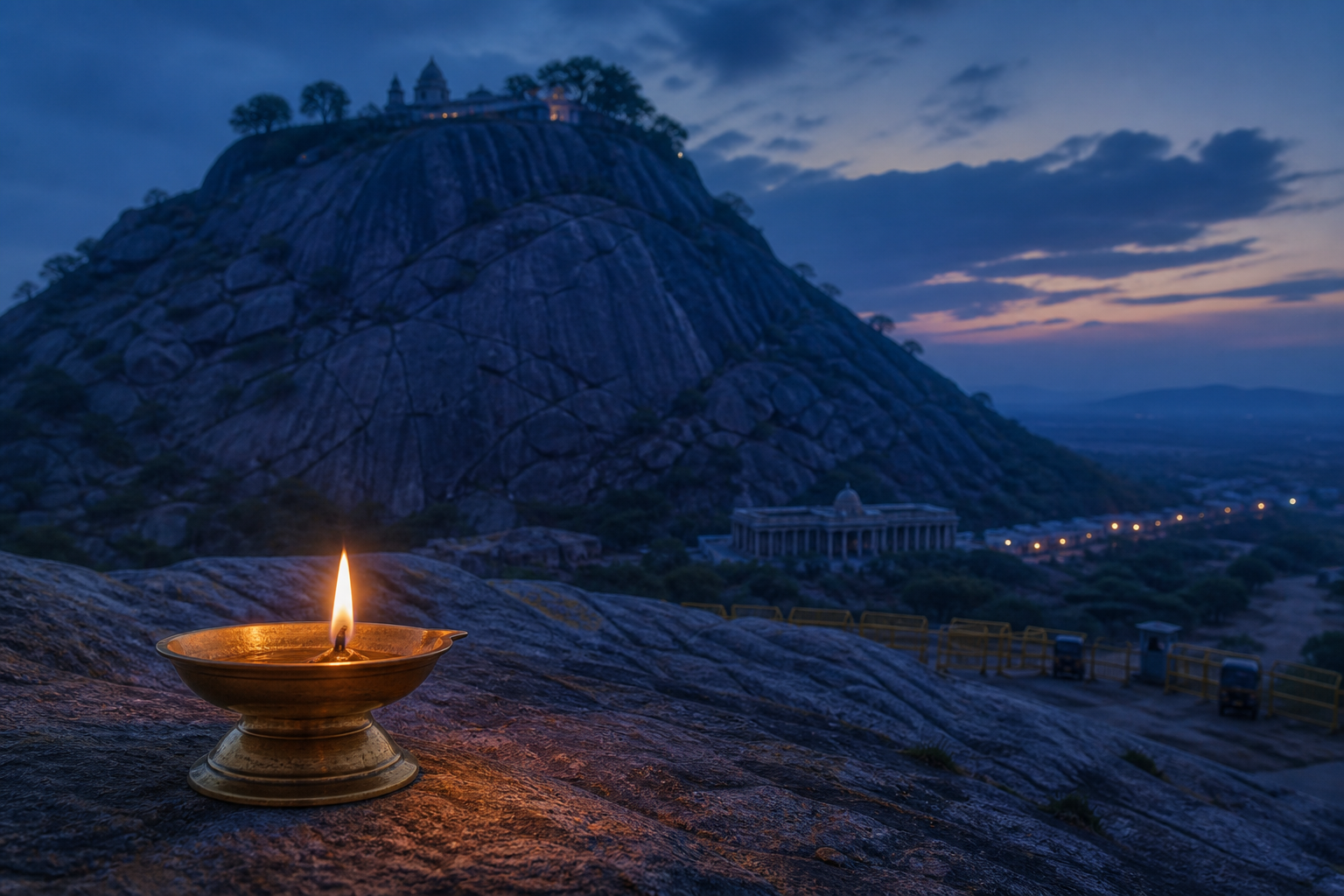 A glowing brass oil lamp stands before a rocky hill, with courthouse columns and a guarded pathway visible in the distance.