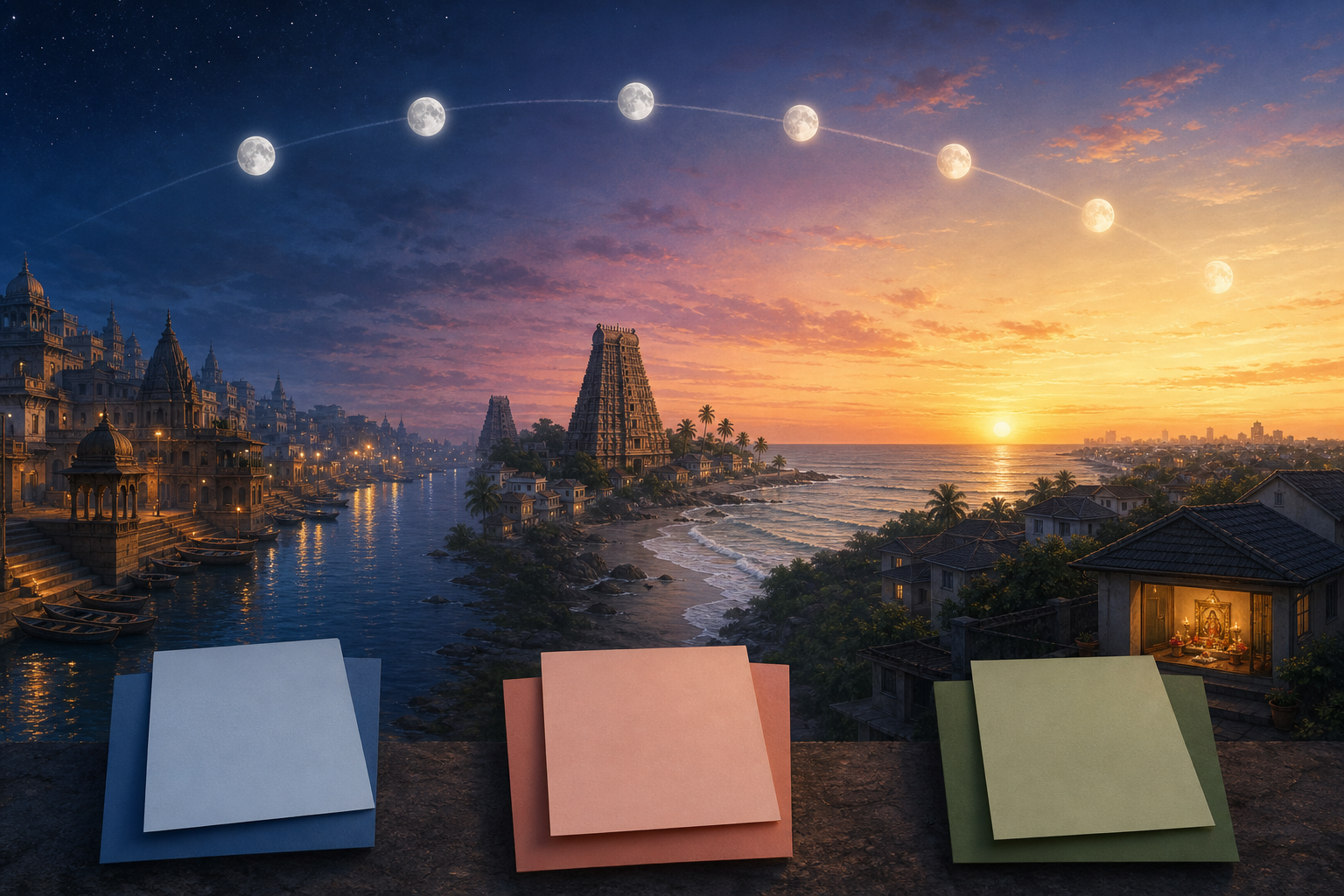 Three locations experience sunrise at different stages of the same lunar condition, with plain overlapping calendar leaves in the foreground.