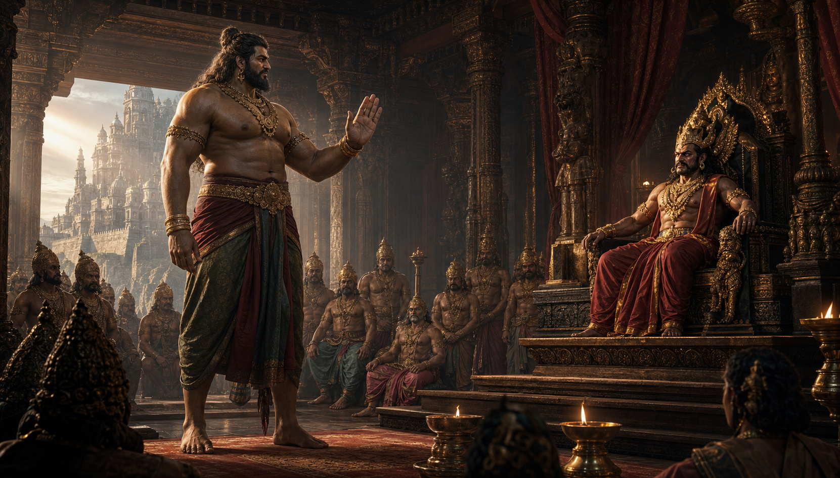Kumbhakarna raises an open hand while counseling Ravana before assembled courtiers in the royal hall of Lanka.