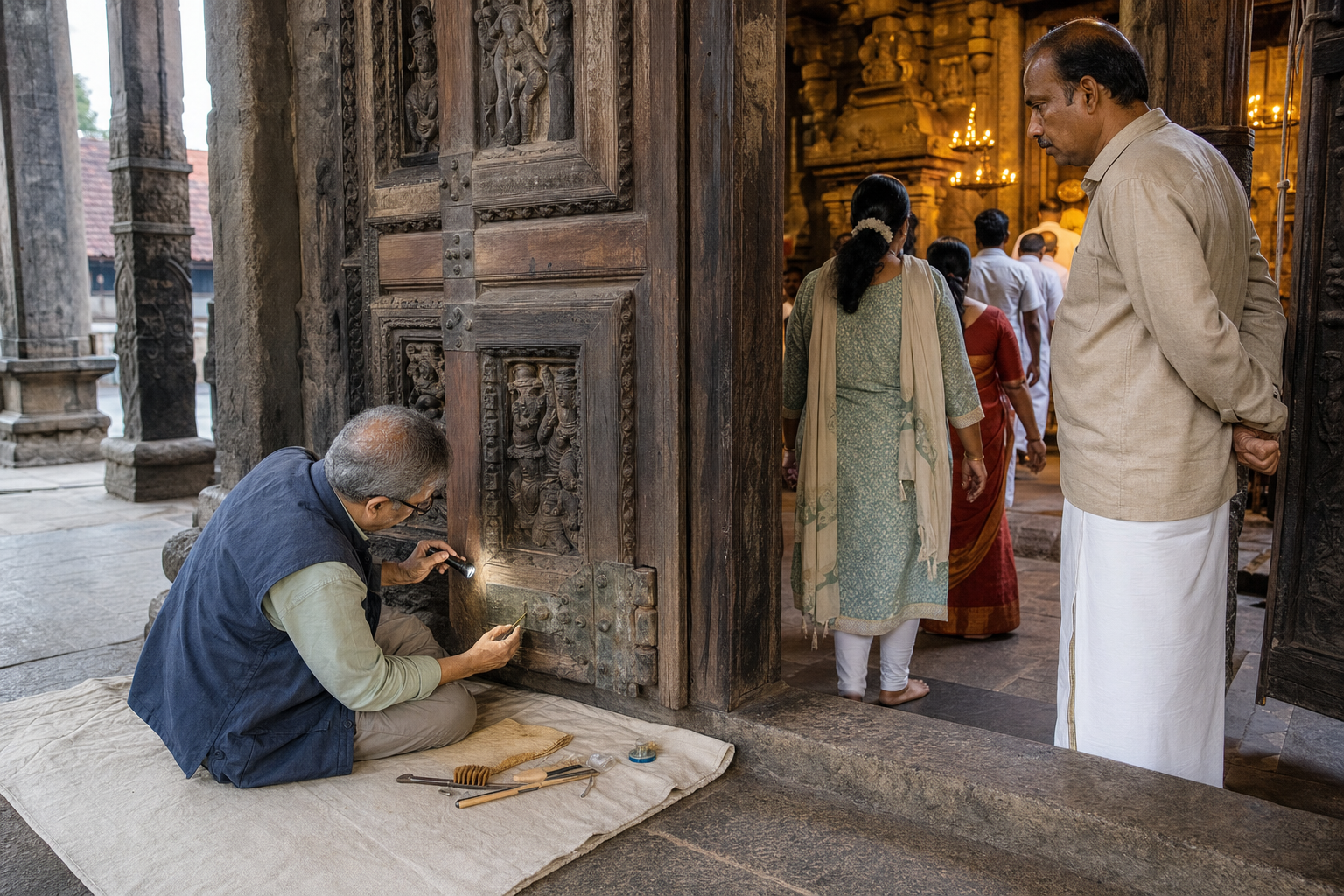 A conservator inspects the hinge of an aged carved temple door while worshippers continue to enter through the open side.