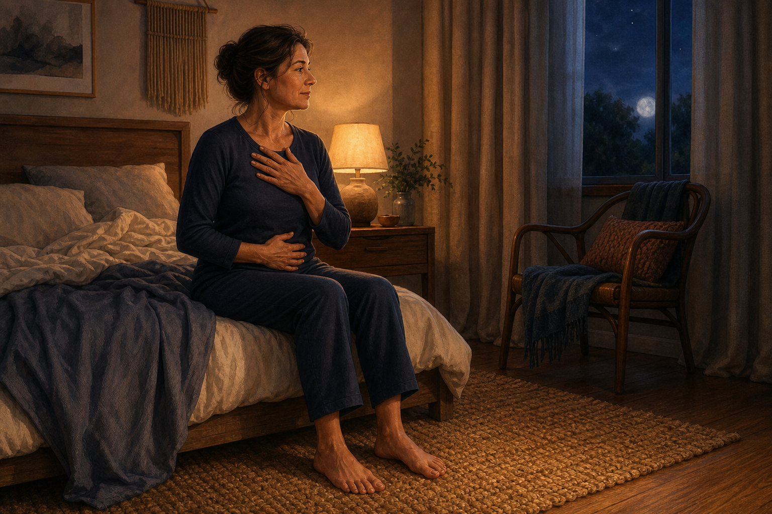 A middle-aged woman sits on the edge of her bed at night with her feet on a rug and her hands resting on her chest and abdomen.