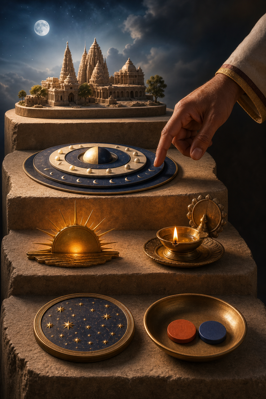 A hand follows four stepped platforms containing location, lunar-phase, sunrise, ritual-time, star, and date-choice objects.