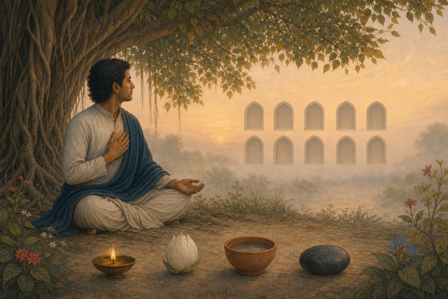 A seeker meditates beneath a banyan tree before symbols of courage, discernment, compassion, and patience, with ten faint arches in the distance.