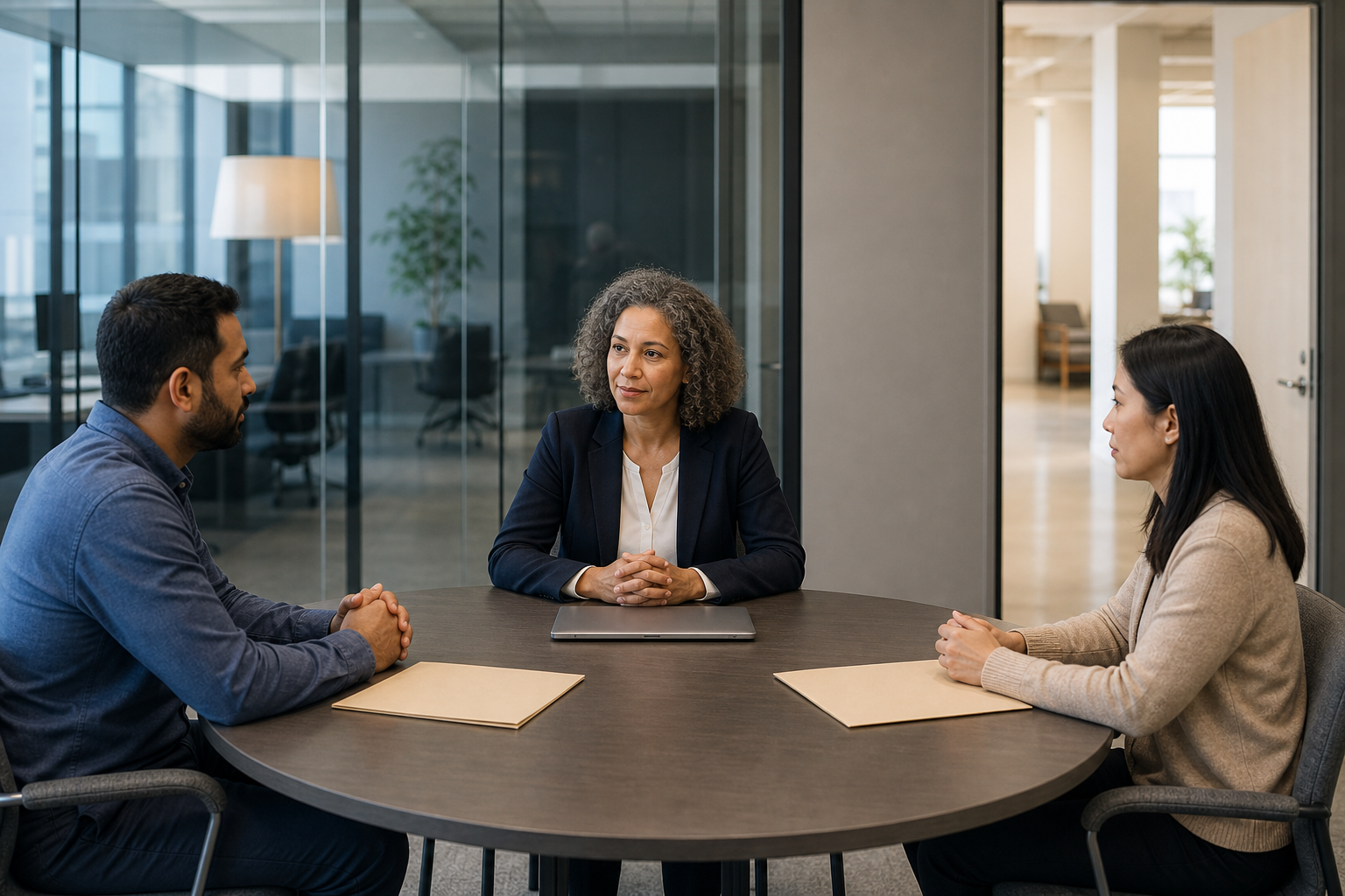 An investigator sits at a round conference table between two employees during a serious workplace inquiry in a neutral office.