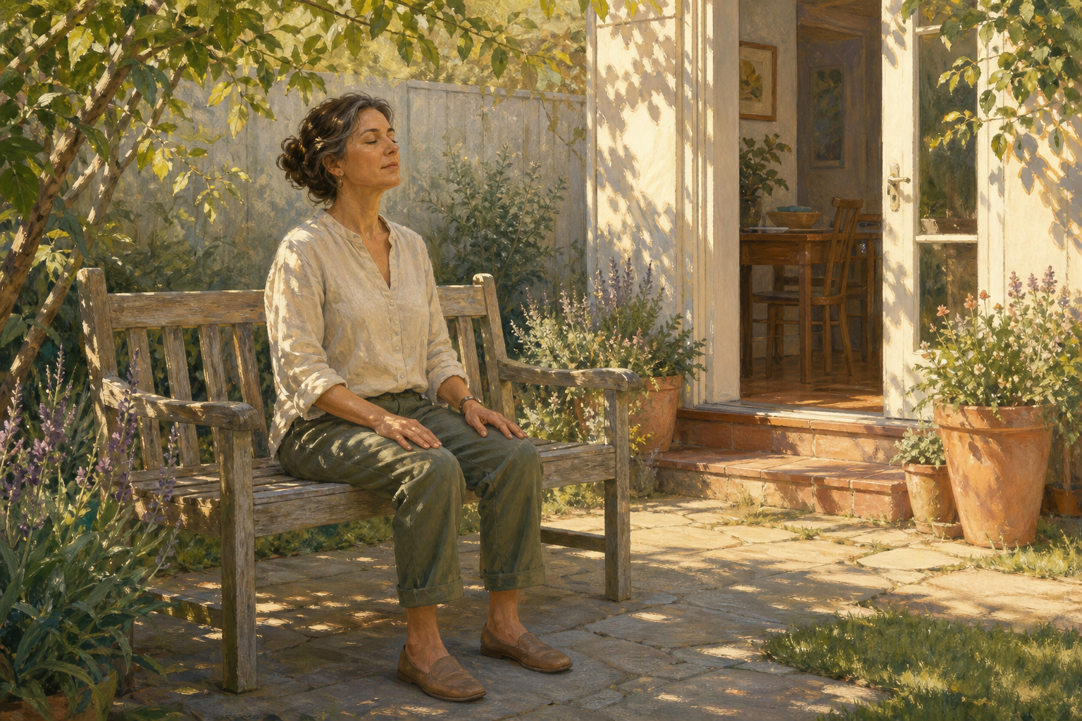 A middle-aged woman sits upright on a garden bench in morning light with her feet grounded and her hands relaxed on her thighs.