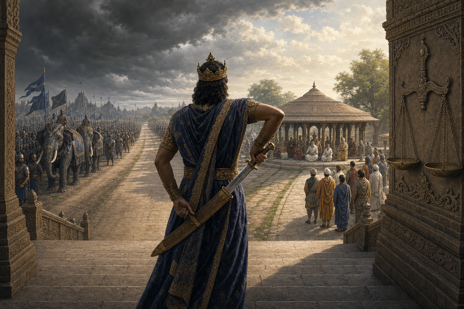 A ruler sheathes a sword while facing one path toward an army and another toward a waiting council pavilion.