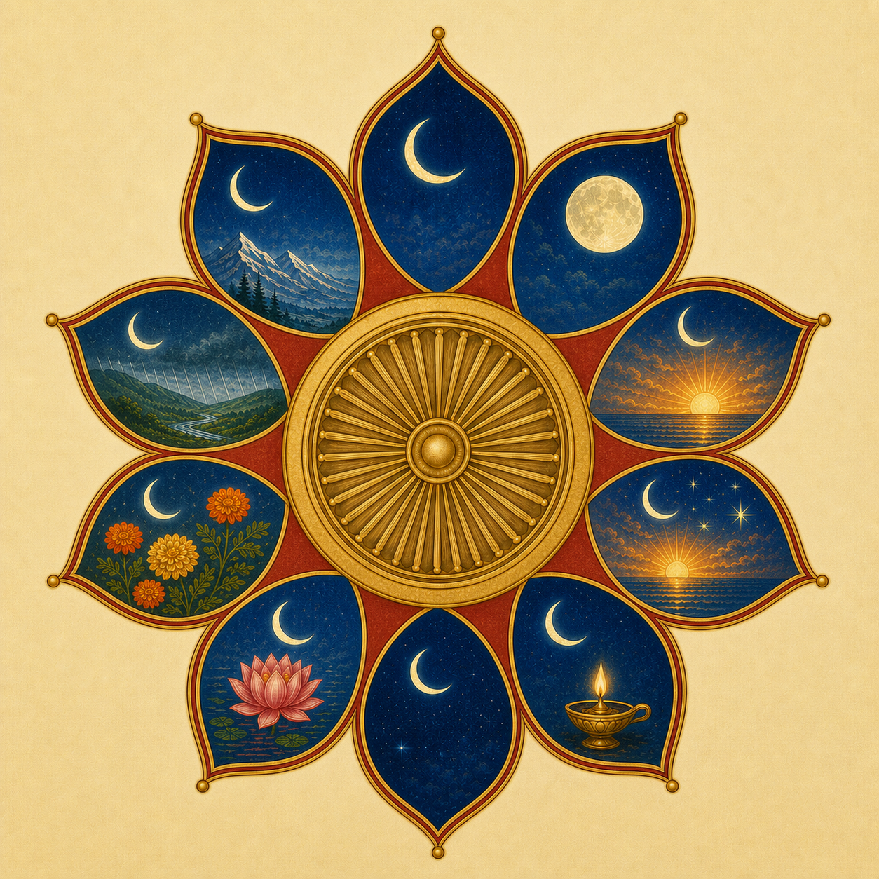 A ten-petaled lotus mandala surrounds a discus, with each petal showing a different combination of moon, sunrise, stars, and ritual-time imagery.