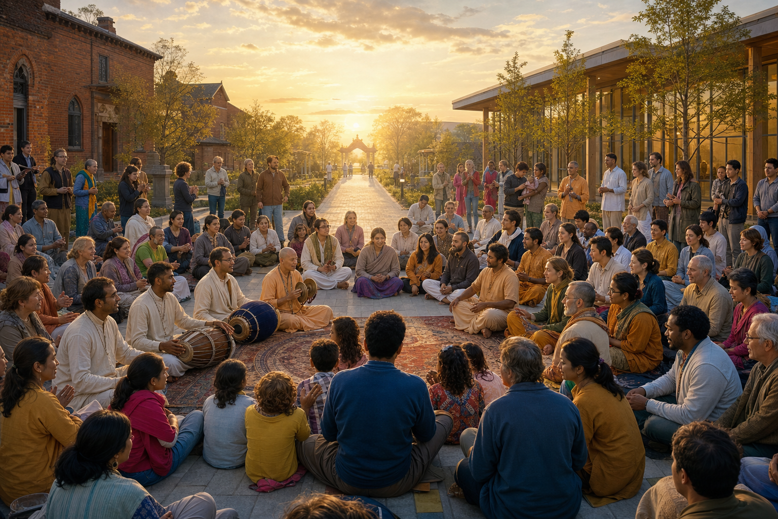 An intergenerational group of devotees gathers with drums and cymbals in a temple courtyard that connects older and newer community buildings at sunrise.