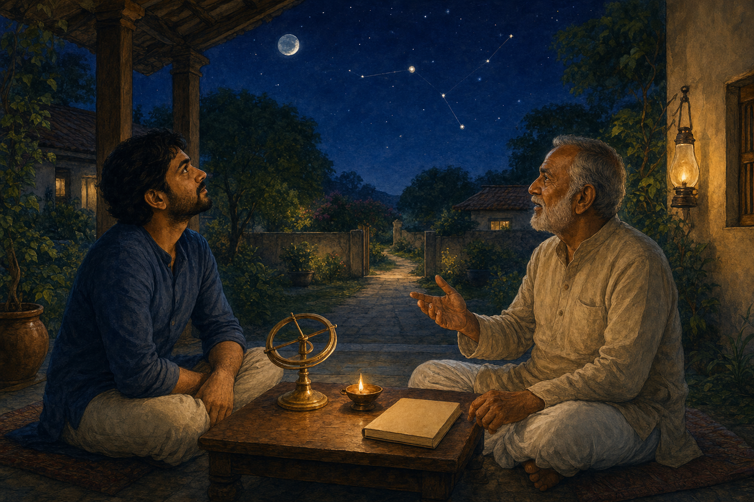 A householder and an elder discuss the night sky beside an oil lamp and a simple astronomical instrument on a veranda.