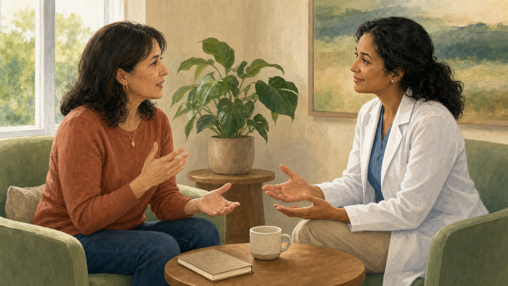 A middle-aged woman speaks with a healthcare professional in a sunlit consultation room as they sit facing each other at equal eye level.