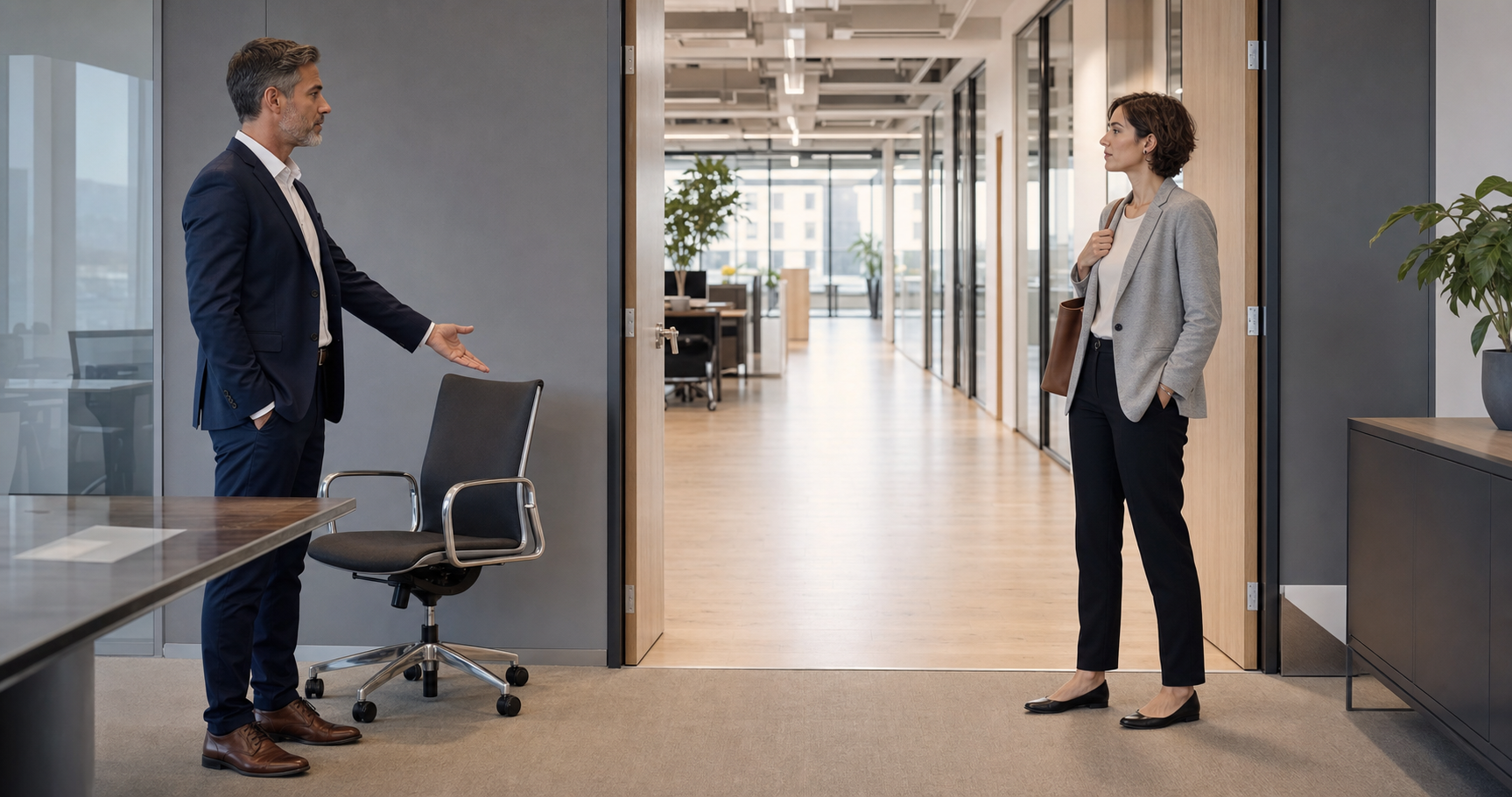A manager gestures toward a meeting-room chair while an employee stands beside a clear, unobstructed exit into an office hallway.