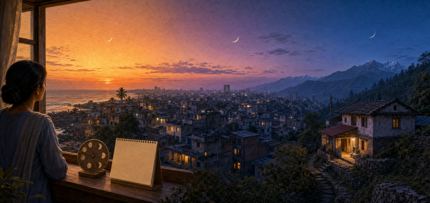 Three homes in coastal, urban, and mountain settings observe the moon at different positions in the local evening sky.