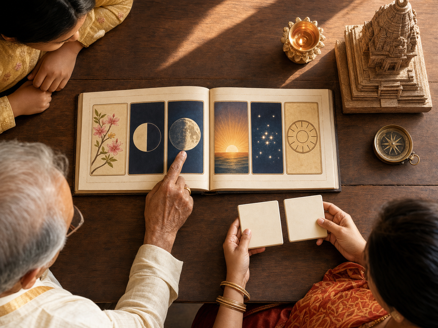 Family members compare icon-based lunar, sunrise, star, season, and ritual-time panels beside two blank calendar tiles.