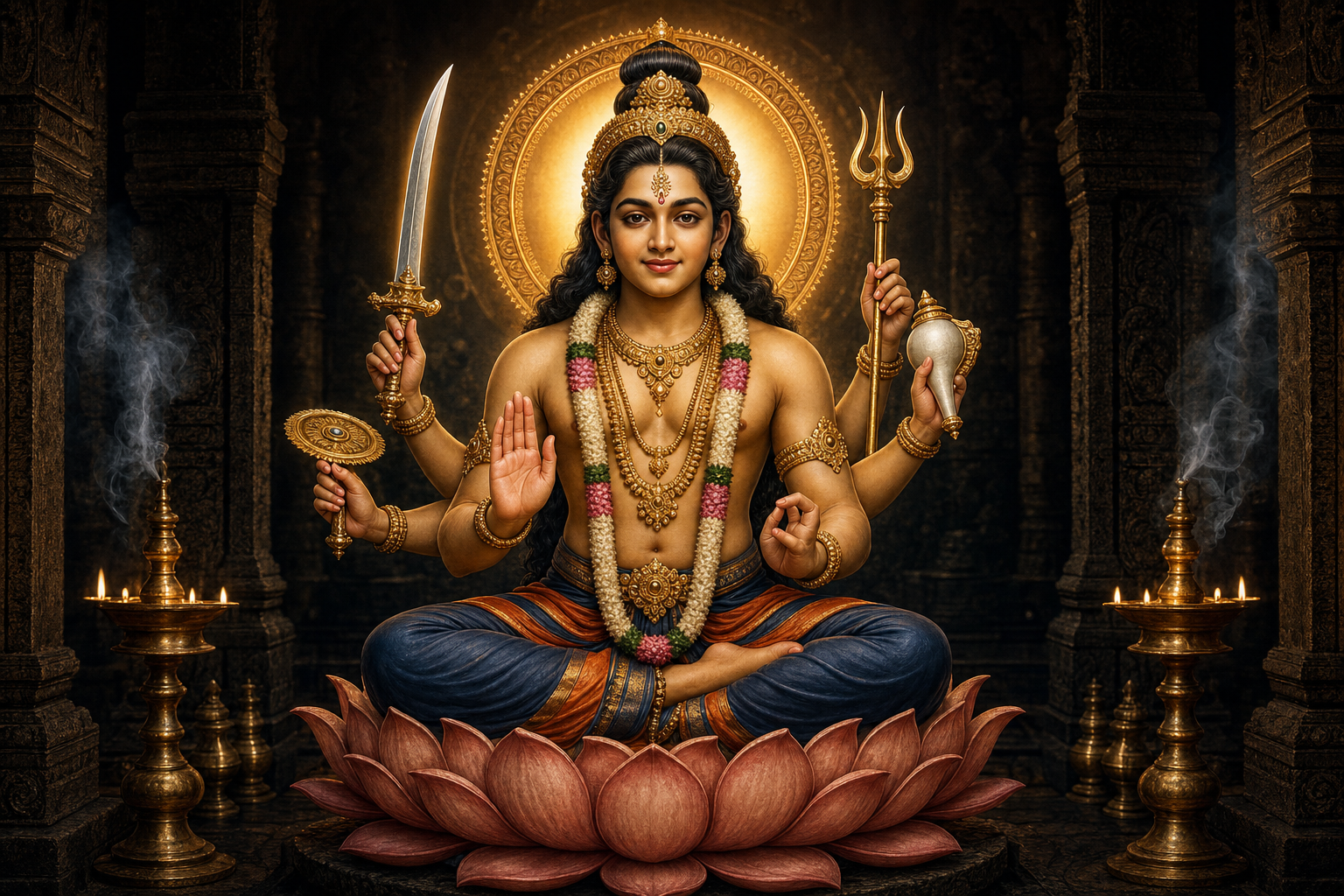 Ayyappa sits calmly in a lamp-lit temple sanctum with an open protective palm, a meditative hand gesture, and additional hands holding a sword, trident, conch, and discus.