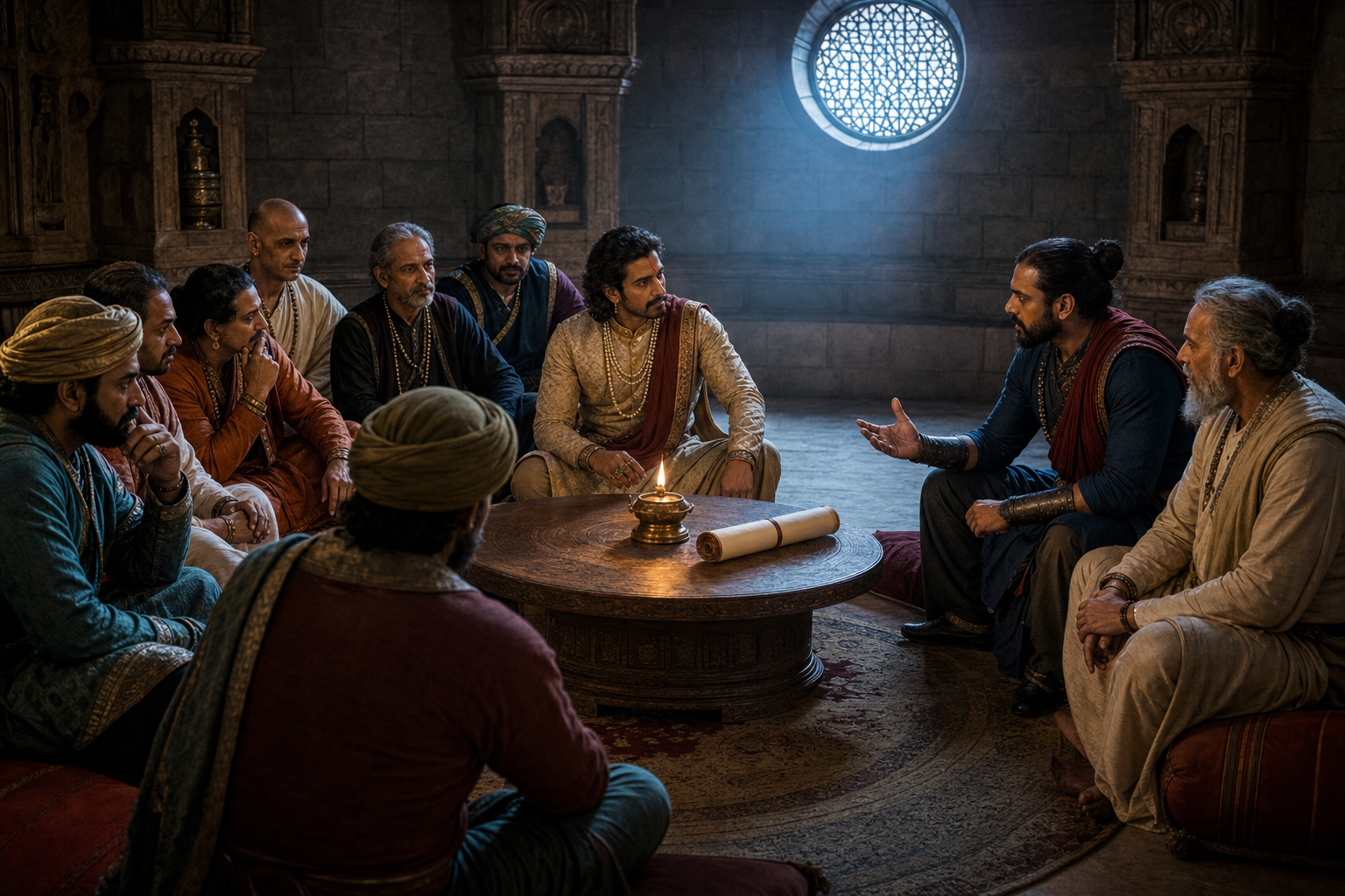 A warrior-counselor voices an objection during a palace meeting while the ruler and other advisers listen around a low table.