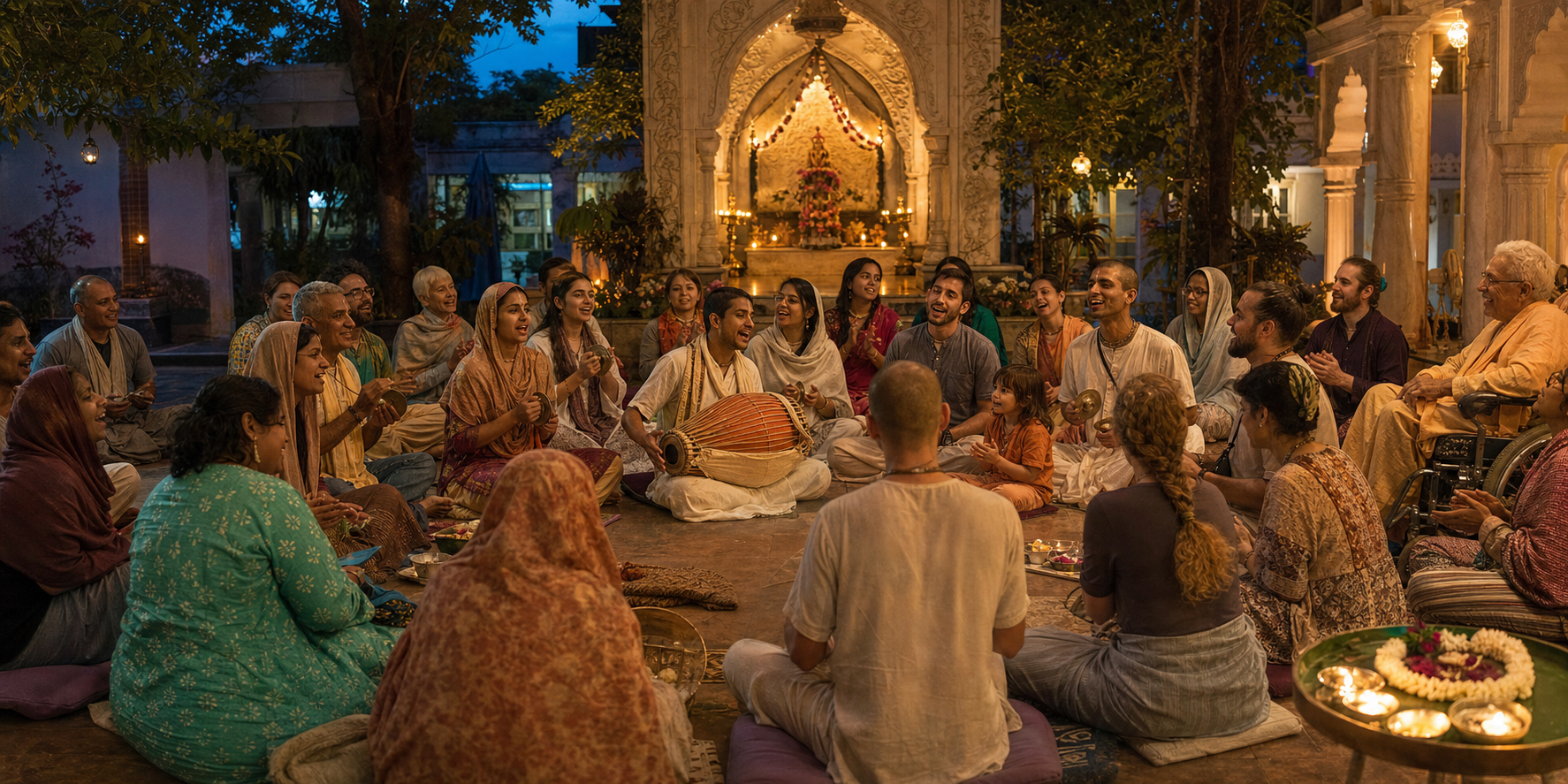 Devotees of different ages and backgrounds chant together in an open circle around musicians in a lamp-lit temple courtyard.