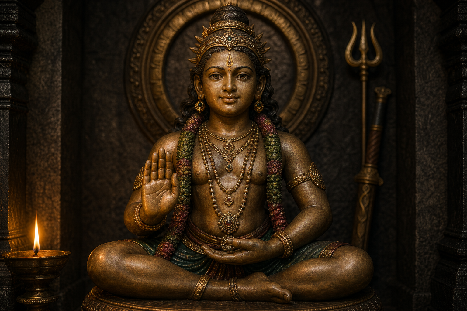 A close view of a serene Ayyappa image shows a meditative hand gesture and an open protective palm, with a sheathed sword and upright trident at the edges.