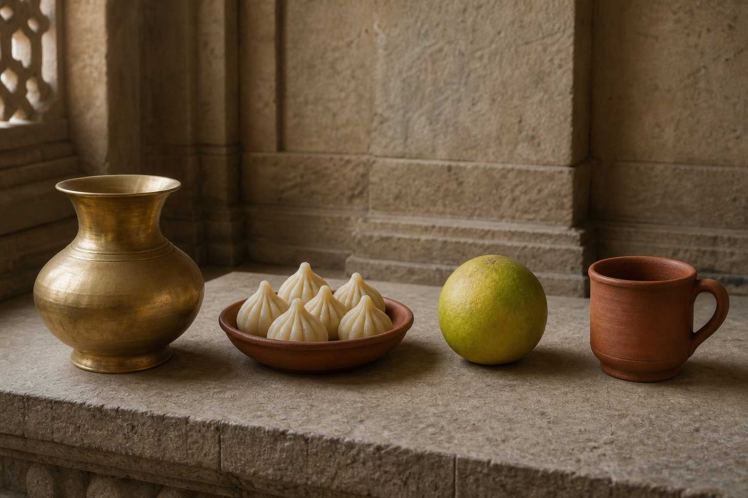 A kalasha, a bowl of modaka sweets, a round fruit, and a plain handled vessel are displayed separately on a stone platform.