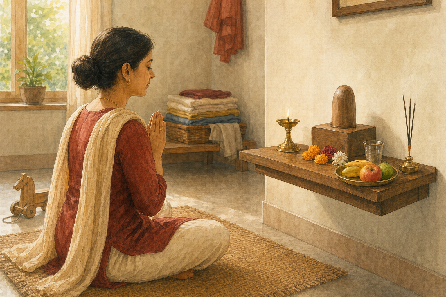 A householder prays at an uncluttered home altar with a small lamp, water, fruit, flowers, and safely placed incense.