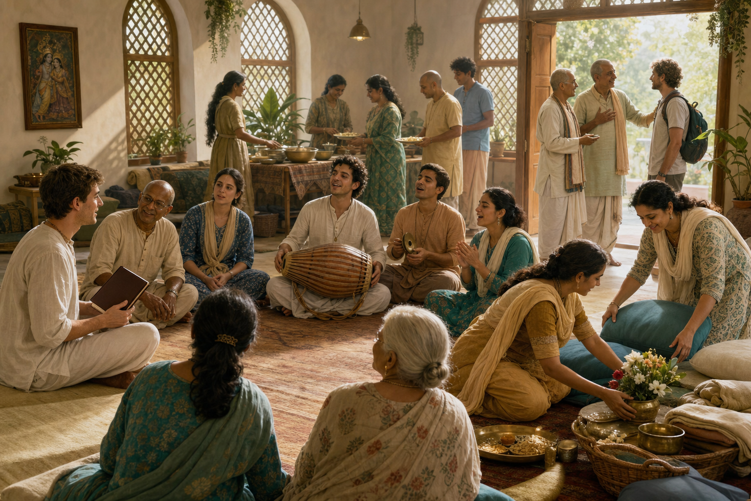 A community gathering includes attentive listening, group chanting, shared service, prasadam distribution, and a warm welcome for a newcomer.
