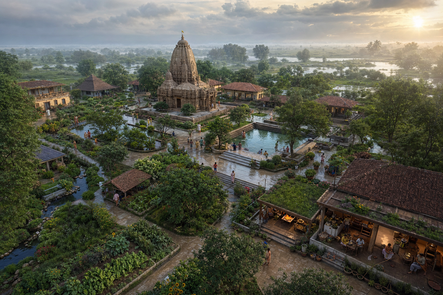 Aerial view of a temple-centered community with shaded buildings, gardens, orchards, wetlands, ponds, rainwater channels, and people walking between shared spaces.