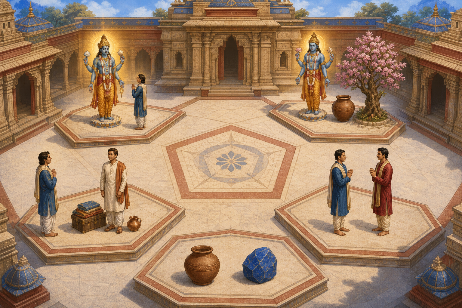 Five symbolic pairings in a temple courtyard distinguish the divine, individual souls, and material objects from one another.
