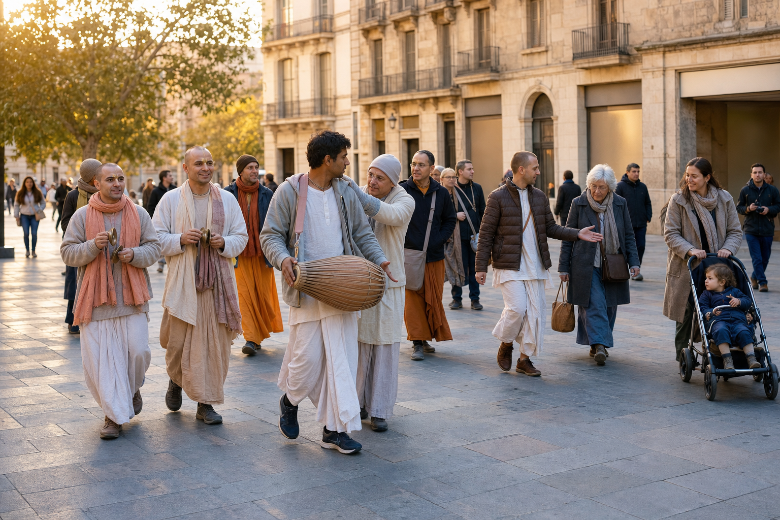 A small sankirtana group chants with drums and hand cymbals while respectfully sharing a pedestrian square with passersby.