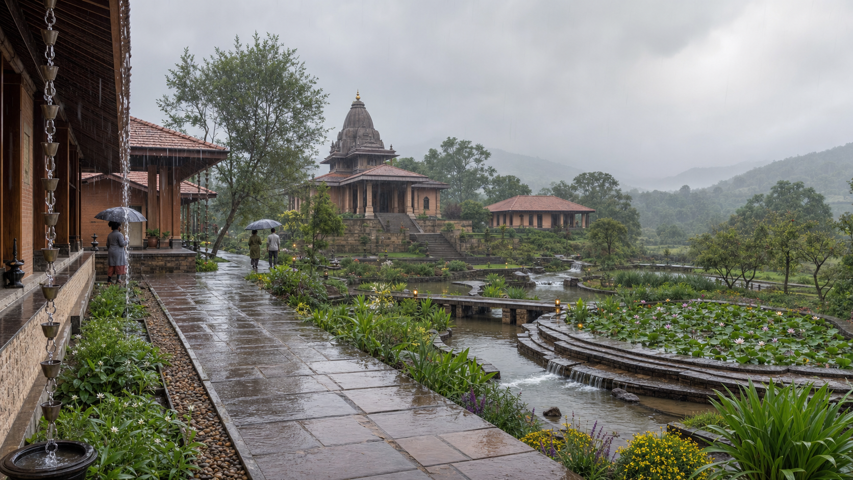 Rainwater flows from temple roofs through planted channels and rain gardens into a stepped pond and wetland, while buildings stand on raised terraces.