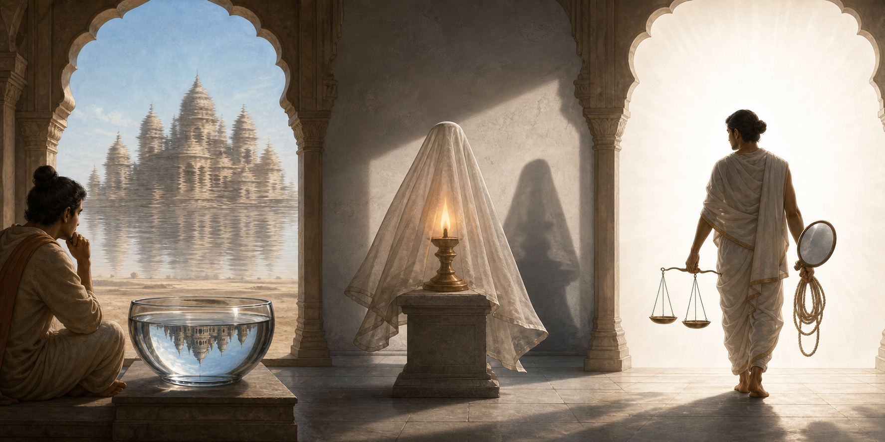 Three adjoining chambers show a mirage, a veiled lamp, and a featureless field of light being examined with a mirror, balance, water bowl, and cord.