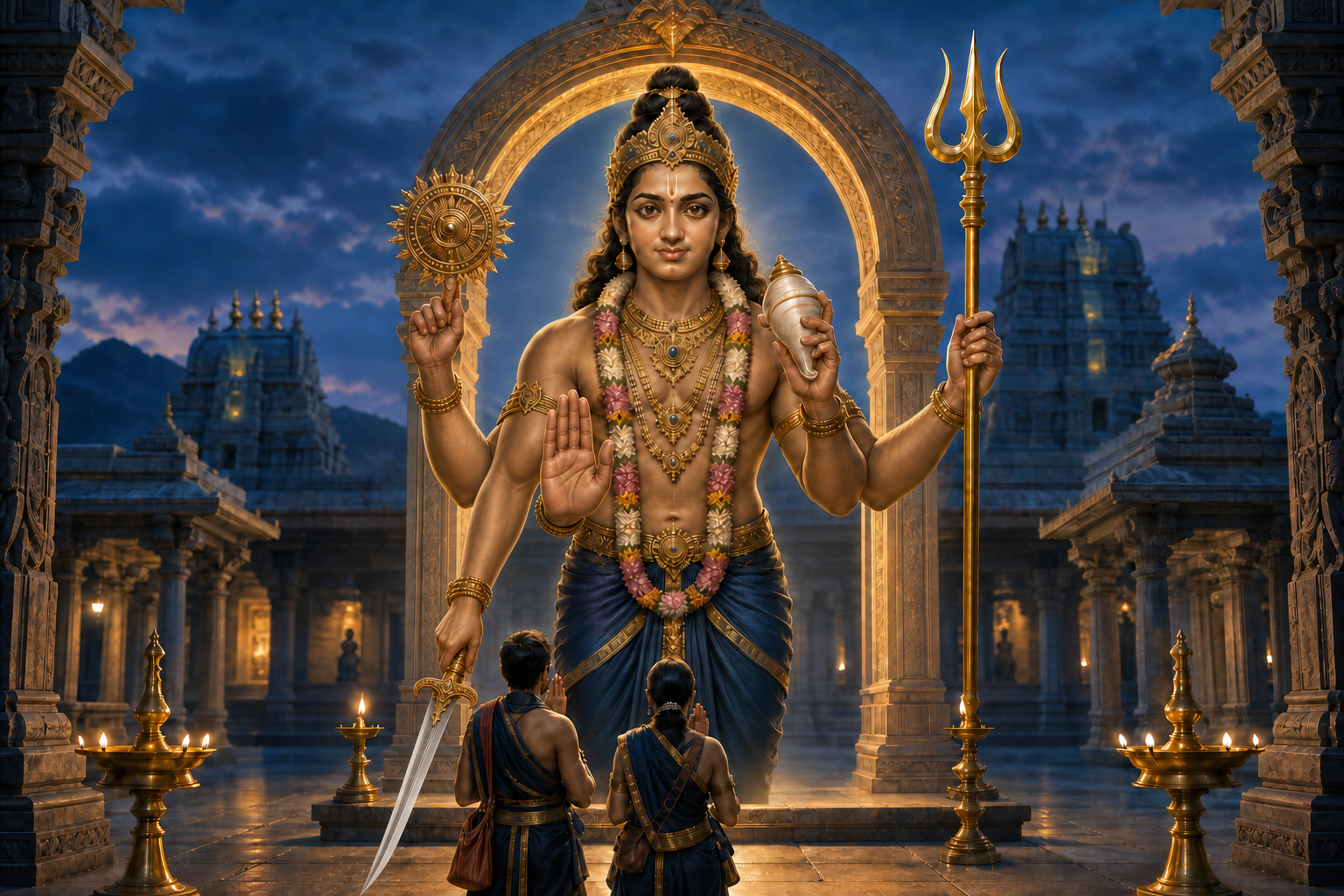 A multi-armed Ayyappa stands beneath a temple arch with an open palm above two pilgrims and other hands holding a lowered sword, upright trident, conch, and discus.