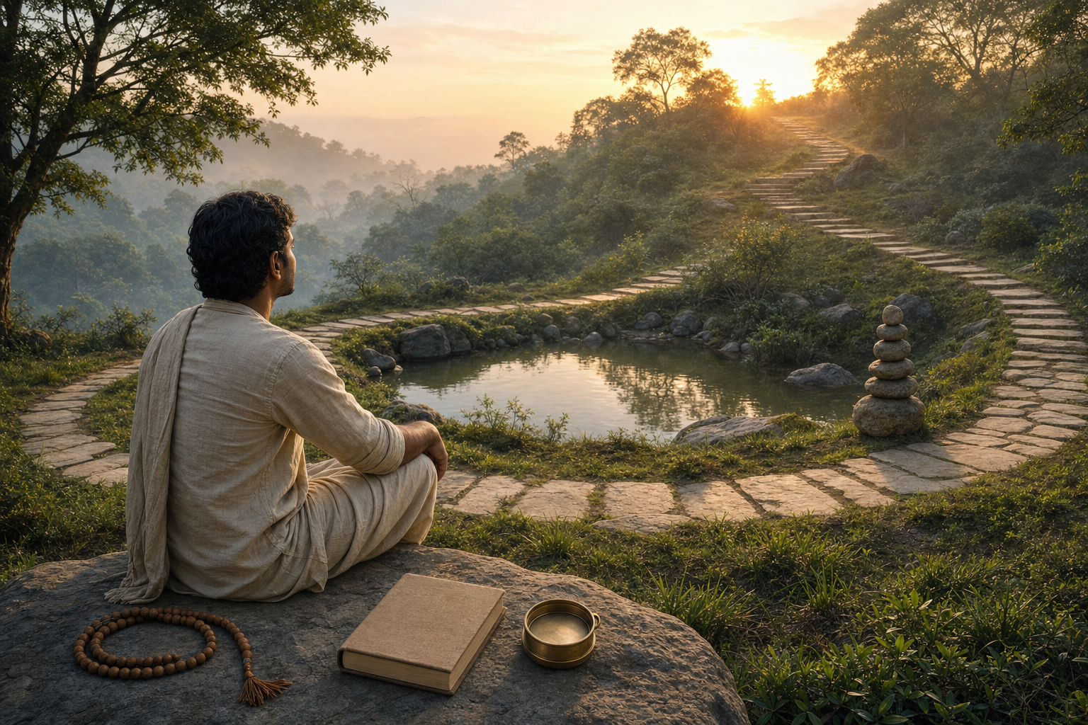 A practitioner with prayer beads and a closed book sits beside a winding stone path that circles through a forest ashram landscape at sunrise.