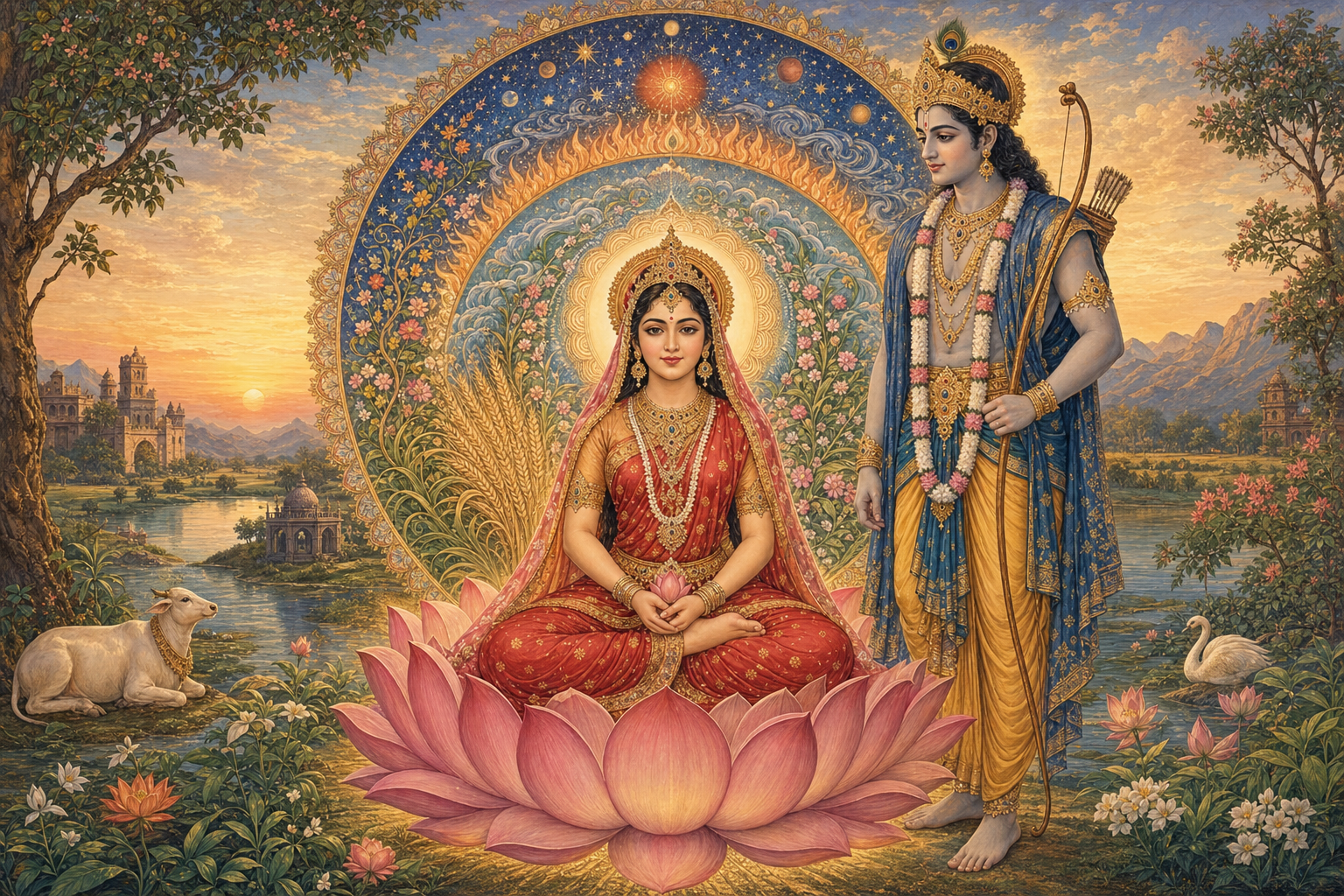 Janaki sits on a luminous lotus beside Rama, surrounded by symbolic motifs of creation, knowledge, protection, and prosperity.