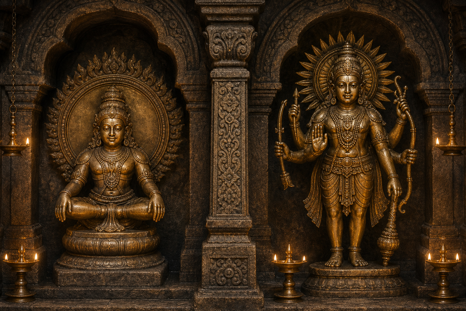 Two neighboring temple niches show distinct Ayyappa forms: a seated yogic figure with a meditation band and an upright multi-armed guardian with ritual implements.
