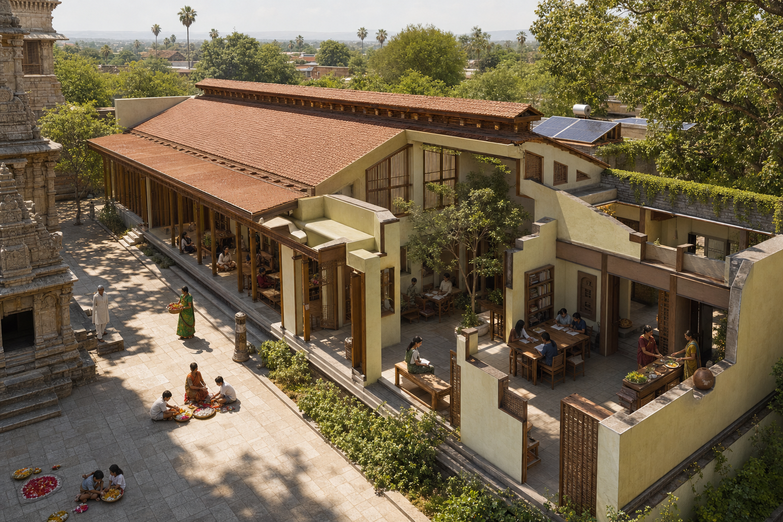 A shaded community building near a temple uses verandas, courtyards, tall windows, thick walls, roof ventilation, trees, and a modest rooftop solar array.
