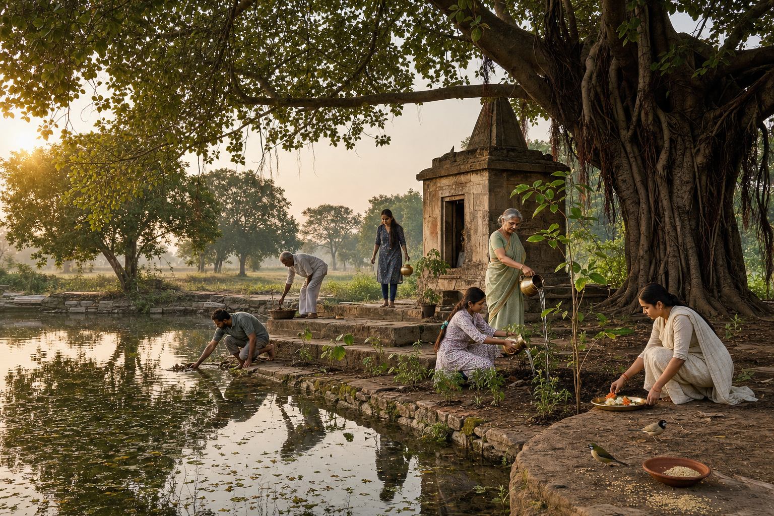 A multigenerational group tends a pond and native saplings beside a small shrine under a banyan tree at dawn.