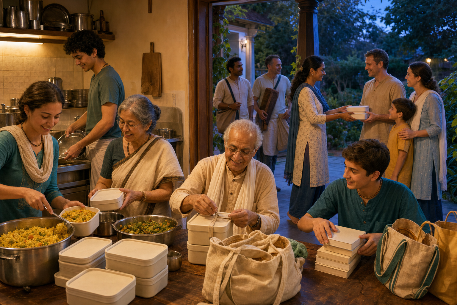 Volunteers pack prasadam, clean dishes, stack blank-covered books, and prepare supplies together after a devotional gathering.
