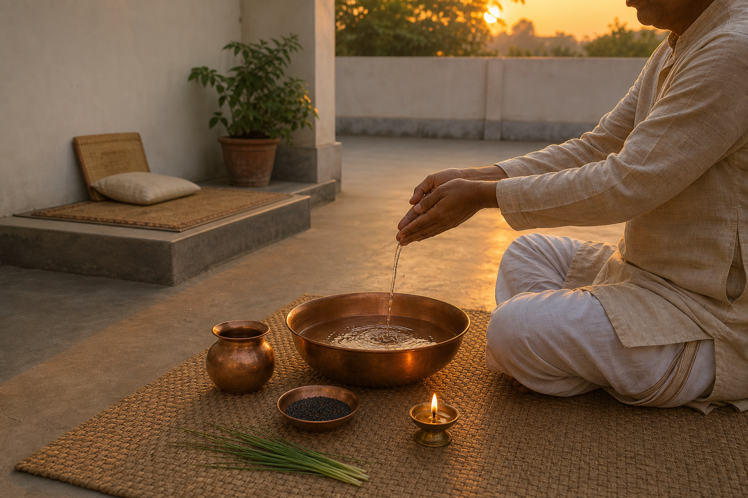 A person seated in a quiet home courtyard pours a thin stream of water into a copper basin beside black sesame seeds, darbha grass, a copper vessel, and an oil lamp.